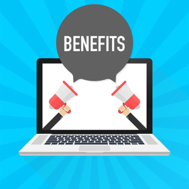 Laptop Notebook Computer Screen. Hand Holding Megaphone. Benefit