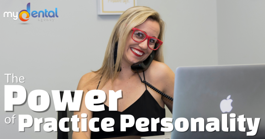 Smiling woman at work with the words "The Power of Practice Personality"